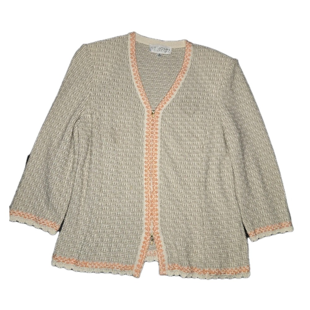 St John Couture Vintage Tan Tweed Pattern Blazer Size 8 Zipper classic spring